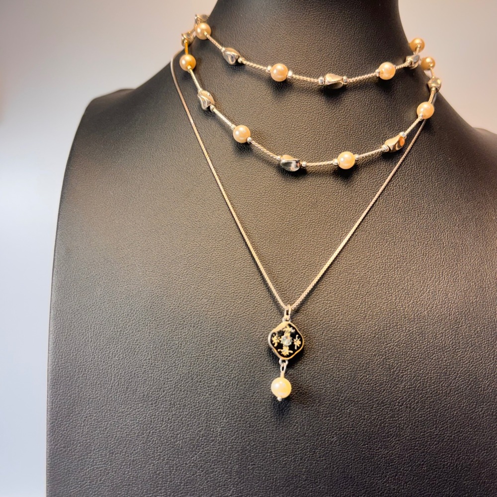 Faux Pearl Beaded Necklace Set Silver Cream Celestial Pendant Whimsygoth Boho